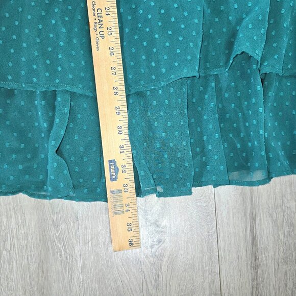 Green Polkadot Dress Sz XL A Line Chiffon Long Sleeve Flowy V Neck Tiered Mini - Picture 8 of 9